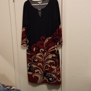 Avenue Black Dress with Burgundy and Cream Swirl Pattern